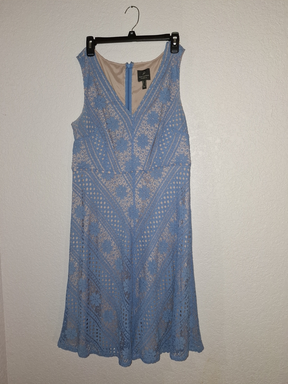Adrianna Papell Blue Lace Midi Dress with Nude Lining